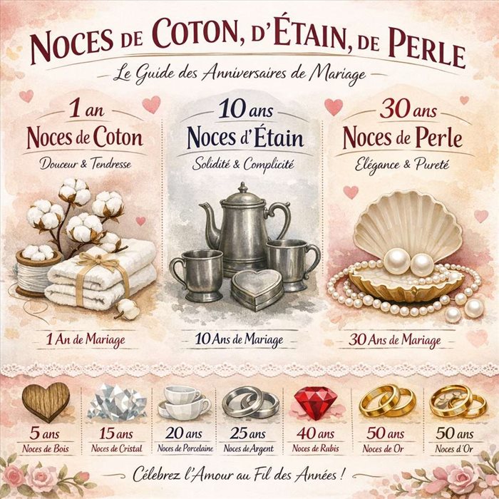 Noces de coton, d'étain, de perle : le guide des anniversaires de mariage