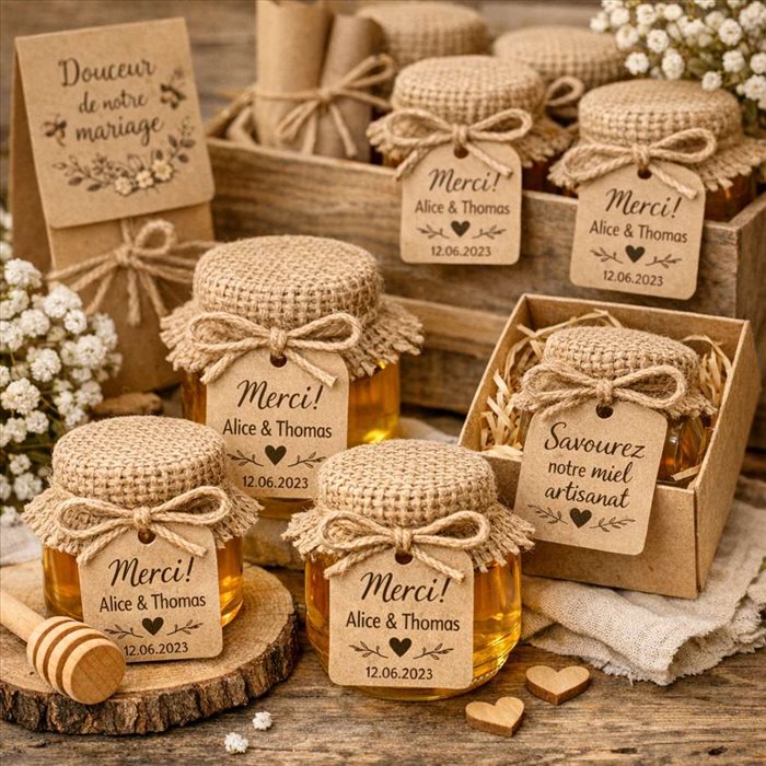 Cadeaux d’invités écoresponsables : miel artisanal pour mariage gourmand